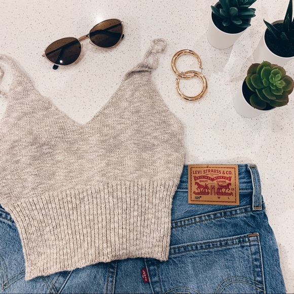 Streetwear Society Tops - Beige / Knit V-Neck Tank Crop Top / Size XS